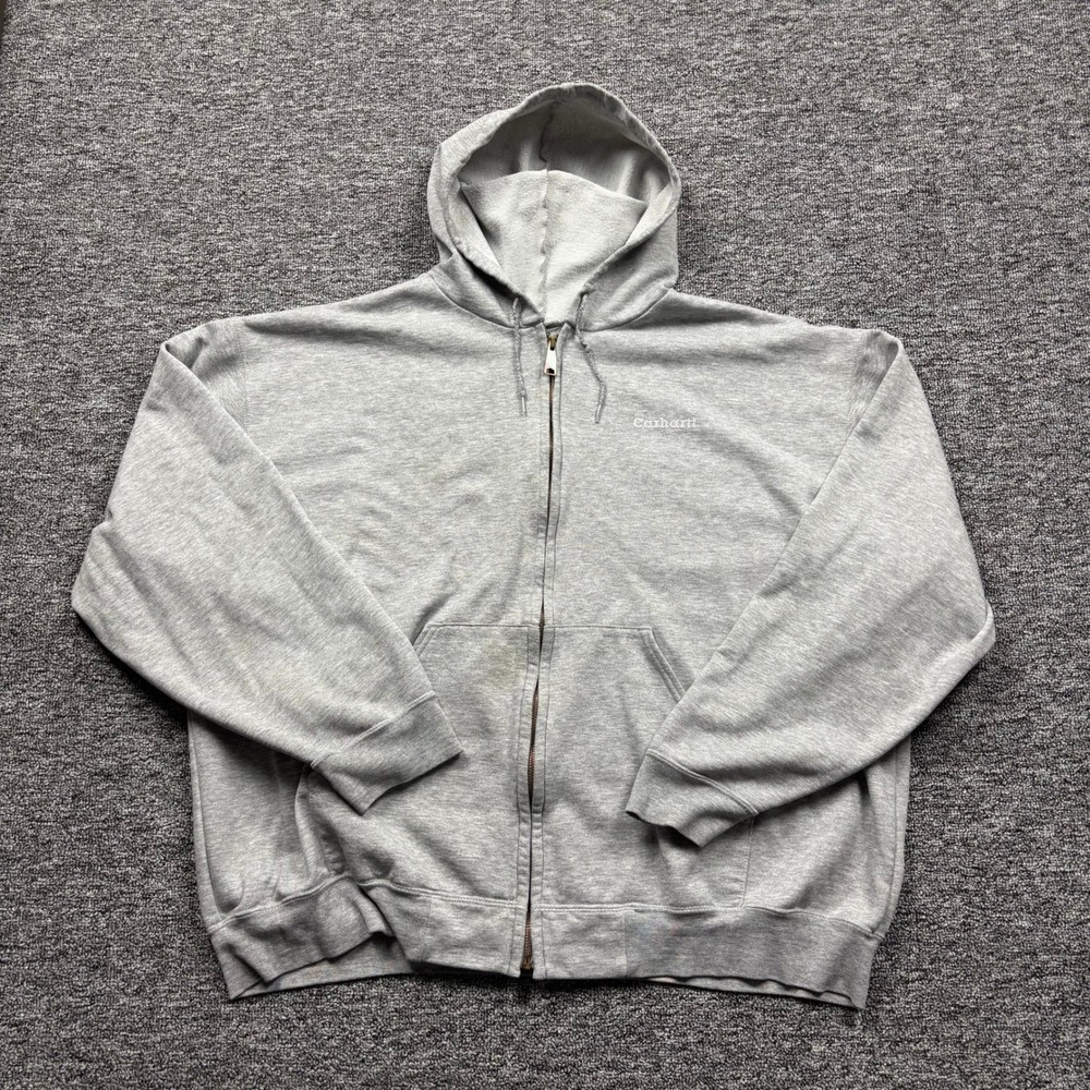 Y2K Distressed Carhartt Full Zip Hoodie Sweatshirt Grey Mens Size XL